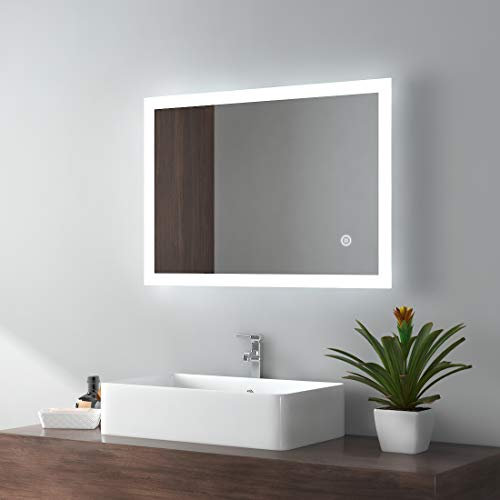 EMKE LED Badspiegel 50x70cm Badezimmerspiegel mit Beleuchtung kaltweiß Lichtspiegel Wandspiegel mit Touchschalter + beschlagfrei IP44 energiesparend