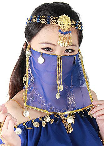 Grouptap Seidenbauchtanz sexy Gesicht Schleier Maske Kostüm Frauen Mädchen arabisch türkische Outfits mit Gold Schmuck Krawatte (Blau)