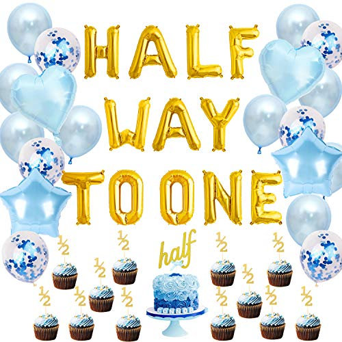 Half Birthday Dekorationen für Boy Blue auf halbem Weg zu einem Ballon Banner 6 Monate 1/2 Cake Toppers Party Supplies