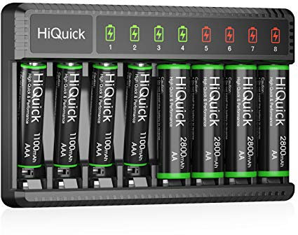 HiQuick Akku Ladegerät mit 4 AA Akku und 4 AAA Akku, AA AAA Batterien Ladegerat, für NI-MH NI-CD AA/AAA Akku, 8-Ladeplatz mit LED Anzeige ladegerat