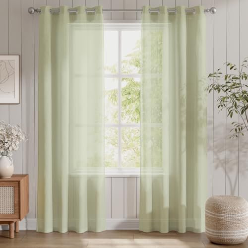 TOPICK Gardinen mit Ösen Einfarbig Gardinen für Wohnzimmer Kinderzimmer Junge Schlafzimmer Grün Transparent Durchsichtig Stores Landhausstil Modern Fenstergardinen 2er Set 210H x 140B (cm)