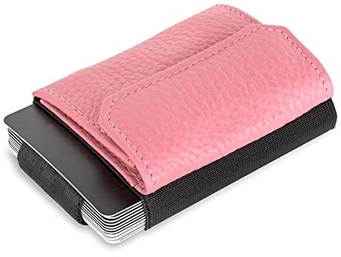 Jaimie Jacobs Minimalist Wallet Nano Boy Pocket Mini Geldbörse aus Textil mit Zugband schmaler Kartenhalter für Herren und Damen (Genarbtes Leder Rosa)