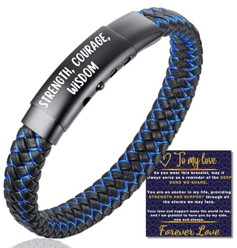Halukakah Geschenk für Kind Geburtstag Weihnachten: JAZZ Titan Lederarmband 18-20cm Verstellbar. Strength, Courage, Wisdom Graviert, mit Einer Schönen Nachricht Karte und Geschenkbox, für Sohn Enkel