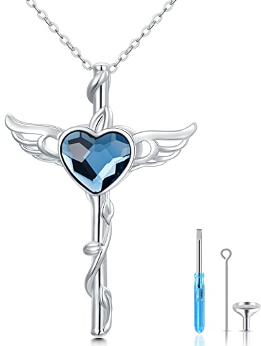 Midir&Etain Urne Kette für Asche 925 Sterling Silber Engel Flügel Kreuz Anhänger Halskette Kristall Asche Schmuck Kreuz Geschenke für Frauen Mädchen Mutter