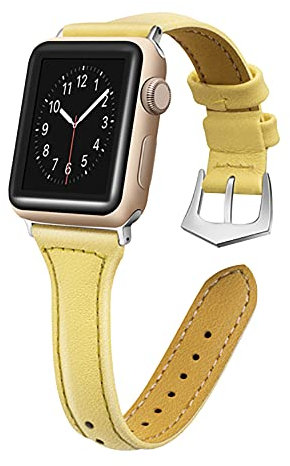 Top Grain Leather Strap for Apple Watch Strap 38mm 40mm 41mm 42mm 44mm 45mm 49mm, Slim Replacement Wristband Thin Leather Bands for iWatch Series Ultra/Ultra2 9 8 7 6 5 4 3 SE/SE 2, Yellow 38 40 41mm