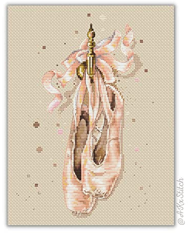 AKxStitch Ballet Pointe Shoes Cross Stitch KIT PDF Chart, Realistic Embroidery Pattern of Ballerina's Dance Footwear, DIY Girl Nursery Room Decor Art
