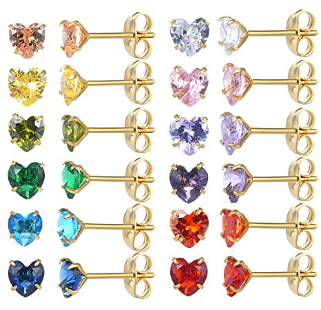 12 Paar chirurgische Edelstahl-Ohrstecker, 18K vergoldet Silber Stern Herz Teardrop Quadrat Cubic Zirkonia Birthstone Ohrstecker Set (Gold heart 5mm)