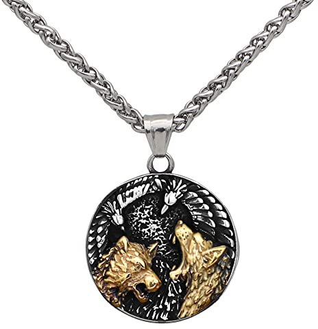 JHBTFQ Wikinger Herren Schmuck 316L Edelstahl Gold Anhänger Halskette 24 Zoll Kette mit Lederbeutel, Amulett Geschenk für Mich Selbst,Odin Wolf Rave