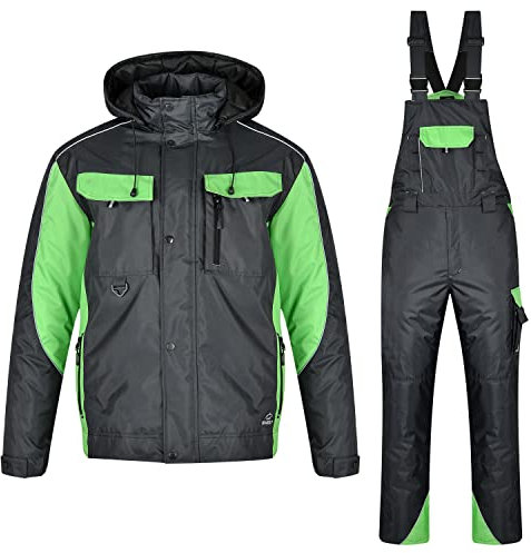 BWOLF Braver Set Arbeitskleidung Herren Winter Arbeitsjacke Herren + Winter Arbeitslatzhose Herren, Winddicht, Wasserabweisend, Warm mit Kapuze (Grau, XL)