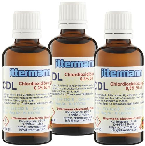 Ittermann CDL 3 x 50 ml 0,3% Chlordioxid-Lösung - CDs - frische Fertiglösung - Braunglasflasche - Pipette - Made in Germany - Zertifiziert nach Biozid-Verordnung - zur Desinfektion von Trinkwasser