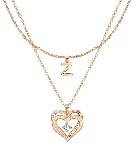 Lydreewam Rose Gold Layered Heart Necklaces for Women, Dainty Layering Heart Initial Letter Z Necklaces with Cubic Zirconia, Adjustable Chain Necklaces Jewelry Gift