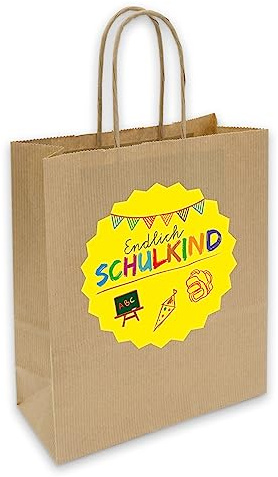 itenga Geschenkverpackung Einschulung Geschenktüte aus Papier inkl. Sticker Aufkleber Endlich Schulkind Tafel rund (gelb)