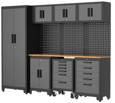 VITO Männerküche - 11-TLG Werkstatteinrichtungs Set mit Schubladen ca. 255 x 50 x 200 cm, Garage Werkstatteinrichtung, Werkbank, Werkzeugschrank, Werkbank mit Holzarbeitsplatte - (VIAGC2)