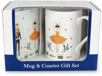 Purely Home Nutcracker Mug & Coaster Gift Set - Orange Christmas Festive Bone China Mug and Glass Coaster Set - Tea/Coffee Present for Xmas