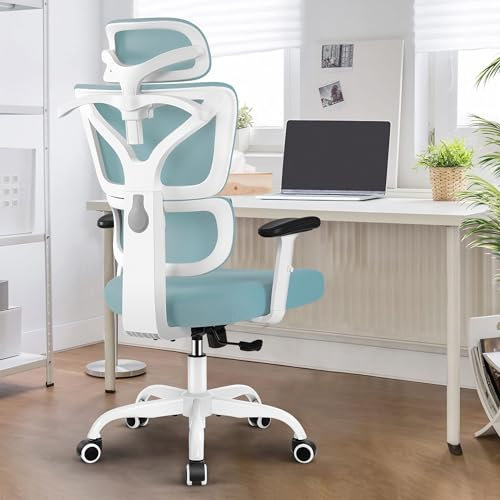 DoChair Chaise Bureau Dossier en Maille Extensible Ergonomique Appui-tête réglable et Chaise de Bureau en Hauteur avec Cintre, Bleu Clair