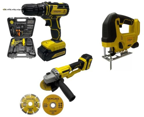 Nemura Pack 3 outils Perceuse, Meuleuse, Scie Sauteuse 20V + 3 batteries + Chargeur - Revêtement Softgrip - Marque française spécialisée dans les outils de jardinage et de bricolage