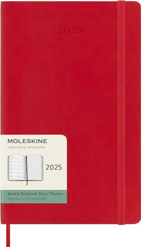 Moleskine Weekly Planner, WochenPlaner mit Platz für Notizen für 12 Monate 2025, Weicher Einband und Elastischer Verschluss, Farbe ScharlachRot, Großes Format 13x21 cm