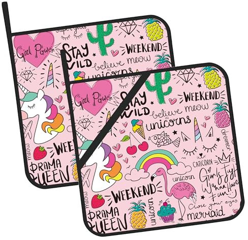 Topflappen mit Flamingo-Einhorn-Design, hitzebeständig, rutschfest, niedlich, für Küche, Kochen, Backen, Grillen, Pink, 2 Stück