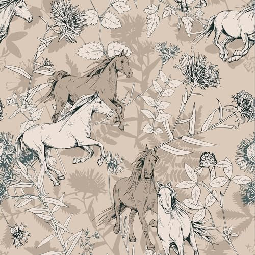 VaryStyle 17.7x393 Running Horse Wallpaper Peel and Stick Retro Khaki Floral Wallpaper Animal Print Contact Paper for Cabinets Drawers Self Adhesive Waterproof Wallpaper for Living Room Bathroom