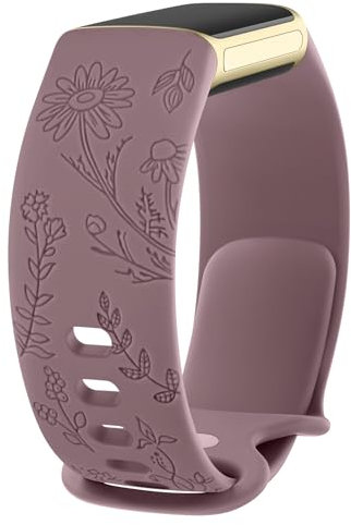 Vancle Bracelet Gravés Fleurs Compatibles avec Fitbit Charge 5 / Charge 6 Femme, Sport Souples à Motif Floral, Bracelet de Replacement pour Fitbit Charge 5/ Charge 6 (S, Fumée Violet)