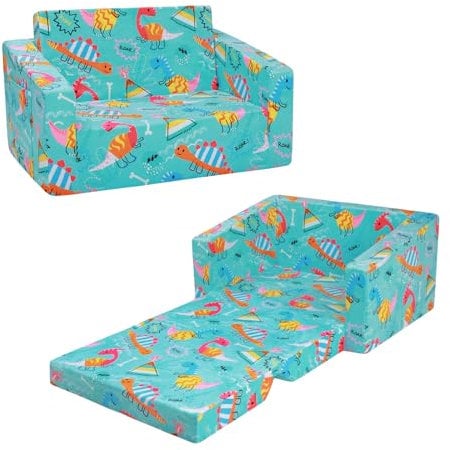 decalsweet Farbiger Dinosaurier Faltbarer KinderSofa-2 in 1 Schlafsofa- Kindersessel mit Stofftasche, Weiche Flip Open Kinderstuhl für Schlafzimmer Wohnzimmer Spielzimmer