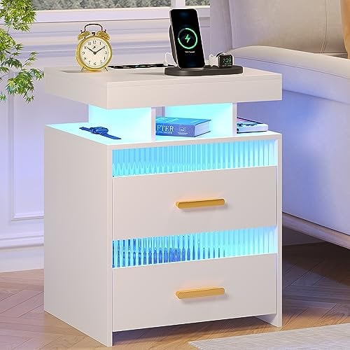 FREDEES Intelligenter LED-Nachtisch mit Verstecktem Schublade, Nachttisch mit Ladestation und 3 Farben Menschensensorlichter, Moderner Nachttisch mit Stauraum (1, 9601Weiß, 45x40x60cm)