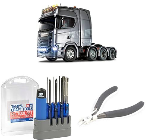 TAMIYA Bunde 56371 1:14 RC Scania 770S 8x4/4 + 74085 Werkzeug-Set Modellbau + 74123 Seitenschneider Fein/Spitz, Modellbau, Unlackiert, Hobby, Basteln, Werkzeug