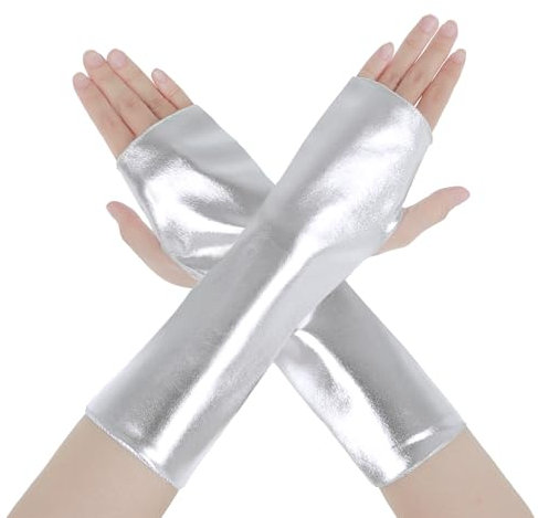 Yolev Fingerlose Handschuhe Metallic Silber Halloween Damen Discokugel Kostüm Kunstleder Goth Rave Cosplay Punk Prom Lange Handschuhe Fingerlos Damen Leder Alien Kostüm Zubehör für den Abschlussball