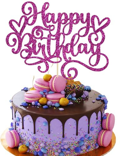 Gyufise 1Pcs Happy Birthday Cake Topper Glitter Cake Pick for Celebrating Anniversary Party Cake Decorations Supplies Purple