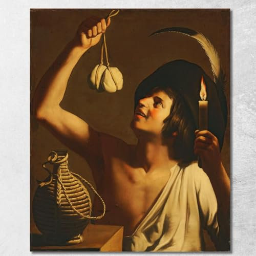 Ein junger Mann mit einer brennenden Kerze und einem Camorza mit einer Flasche Fiasco Gerard Van Honthorst, gvh6 Bild, 50 x 40 cm