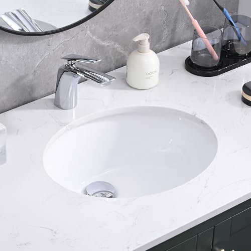 EQLOO Ovales Waschbecken, 48,3 x 40,6 cm, Waschbecken, Vitreous WC, Waschbecken, Untertischspüle, Porzellan, Keramik, ovales Gefäß, Badewanne, Waschbecken, mit Überlauf, keine Wasserhahnlöcher, Weiß