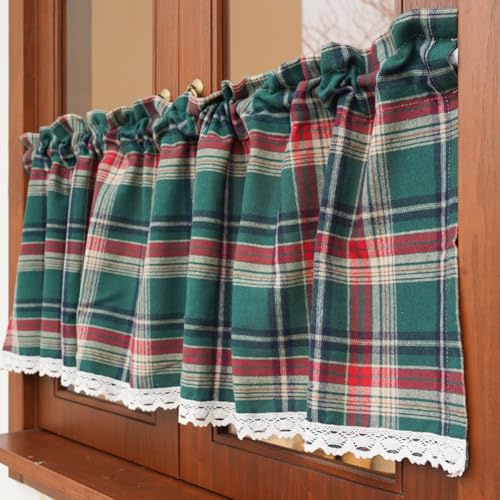 Ricemru Bistrogardine Blickdicht 70cm Hoch Grün Kariert Scheibengardinen Gardinen Landhaus Kurzgardinen Kurzvorhang Küchenvorhang Kleinfenster Küche Café Bistro,140x70