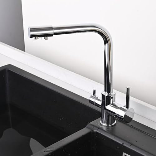 Rubinetto da cucina con filtro dell'acqua con doppia leva, 2 uscite, miscelatore girevole – finitura cromata – design a 1 foro – rubinetto per lavello per acqua pulita e convenienza