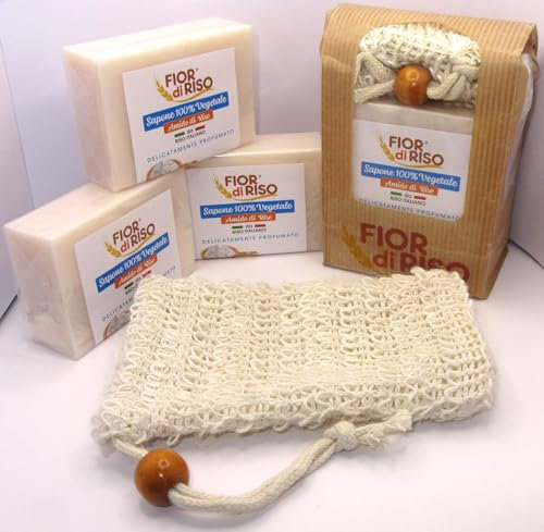 3 handgefertigte pflanzliche Seifen mit Reisstärke, 1 Beutel Peeling-Peeling aus Naturfaser