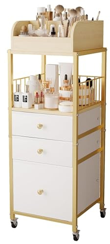Makeup Organizer Cart with Drawers, Floor Skincare Organizers Make Up Organizers-Vanity Organizer Cosmetic Display Cases Holder for Skin Care Perfume Nail Polish Brush Hair Tool（Gold）