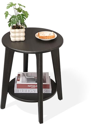 FEUFOAM Round Side Table Black Gold Wooden End Tables with Lower Shelf Rustic Vintage Nightstand Bedside Tables for Living Room Bedroom Small Spaces