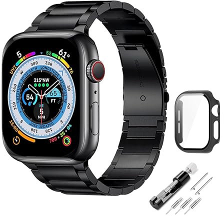Kompatible Apple Watch Armband mit Gehäuse, Metall Armbänder mit Gehäuse für Apple Watch Ersatzarmband für Männer und Frauen Ultra 49 mm Serie 10 46 mm 42 mm (schwarz, 49MM ultra1/2)