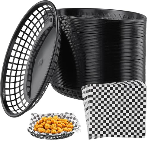 JIEHIN 50 Stück Fast Food Körbe Schwarz, 22,5 x 14 x 4 cm Kunststoff Servierkörbe mit 100 Deli Papierblätter, oval Pommes Servierkörbchen Restaurant Lebensmittelkörbe für Deli, Sandwiches, Burger