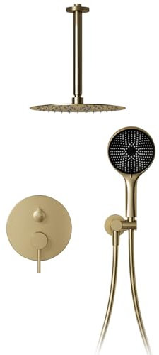 Duschsystem,Regenduschkopf 30 x 30 cm,360° Verstellbarer Regendusche Duschkopf,Selbstreinigende Kreisförmiger Hochdruck Duschkopf,Gebürstetes Gold Kopfbrause Dusche für Bad