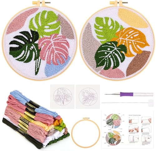 JSRQT Stanznadel Stickerei Starter Kit Monstera Blumenmuster Punch Needle Debutant Embroidery Anfänger Kinder Erwachsene DIY Sticken Broderie Handarbeit Stanznadelstoff Muster Stanzer Handarbeit
