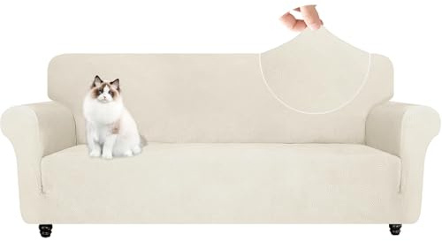 YSTELLAA Stretch Sofa Überzug 3 Sitzer, Elastisch Sofabezug Mit Armlehnen, Jacquard Sofaschoner rutschfest, Universal Sofa Cover Moderne, Couchüberzüge Sofahusse Für Katze Hund, CremeWeiß