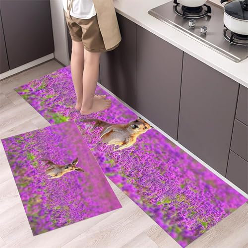 GDJSMIN 2 Stück Küchenteppich Lila Lavendel Waschbar rutschfest Küchenläufer Graskänguru Küche Bodenmatte Läufer Teppich (45×75Cm+45×150Cm)