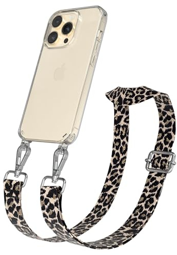 EAZY CASE Handykette - Verstellbares Taschenband kompatibel mit iPhone 14 Pro, Schulterriemen, Handykordel mit Silikon Hülle, Umhängetasche, Leo - Schwarz Beige Silber