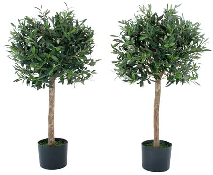Artificial Olive Trees (Set of 2), Topiary Faux Trees, Premium Quality Real Wood Trunk and Natural Appearance Leaves, UV Protected, Indoor and Outdoor Use