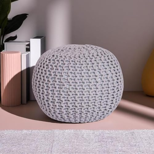CASVO Handmade Large Knitted Pouffe Ottoman 100% Cotton Chunky Couffes for Living Room Versatile for Foot Rest Extra Seating & Home Decor 50cm Foot Stool (Silver)