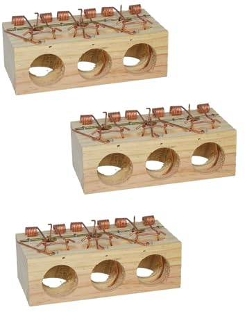 PCMOVILES Trampa para Ratones de Madera, Pack de 3, 12,5x6x4cm, 3 Agujeros, Mecanismo Metálico
