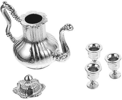 TOYANDONA Miniature Tea Set Silver Vintage Style Mini Teapot and Cups Doll House Kitchen Play Set Reusable Dollhouse Decoration Accessories