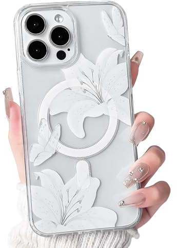 NITITOP Magnetisch Hülle für iPhone 14 Pro Max Lilien Blume, Weiß | Kompatibel mit MagSafe, Süße Schmetterlinge Muster, Transparent Design, für Frauen Mädchen, Hart PC, Stoßfest Handyhülle