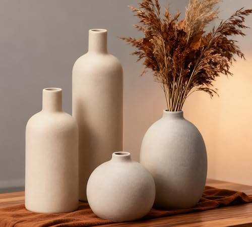 VASETOPIA Vase Decor Set 4 Stück Minimalist Kleine Vasen Keramik Blumenvase für Pampas Grass, Wohnzimmer Tisch (06 Beige)