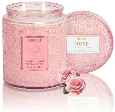 Rose Soy Wax Scented Candle, 210g Hand-Poured, Double Cotton Wicks, Soft Herbal Floral Scent, Medium Strength, Clean-Burning Textured Glass Jar for Relaxation & Gifting